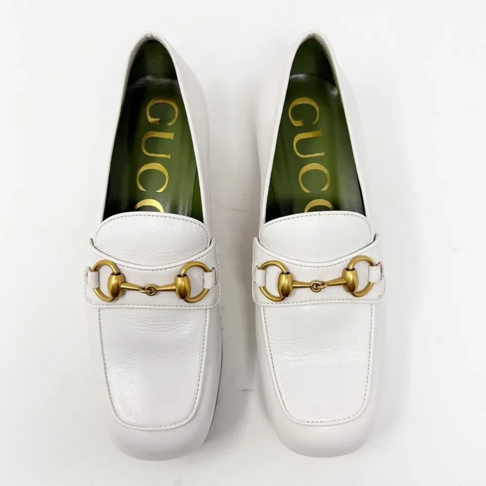 Gucci Houdan Horsebit Platform Loafers White Leather Womens Size EU 36
